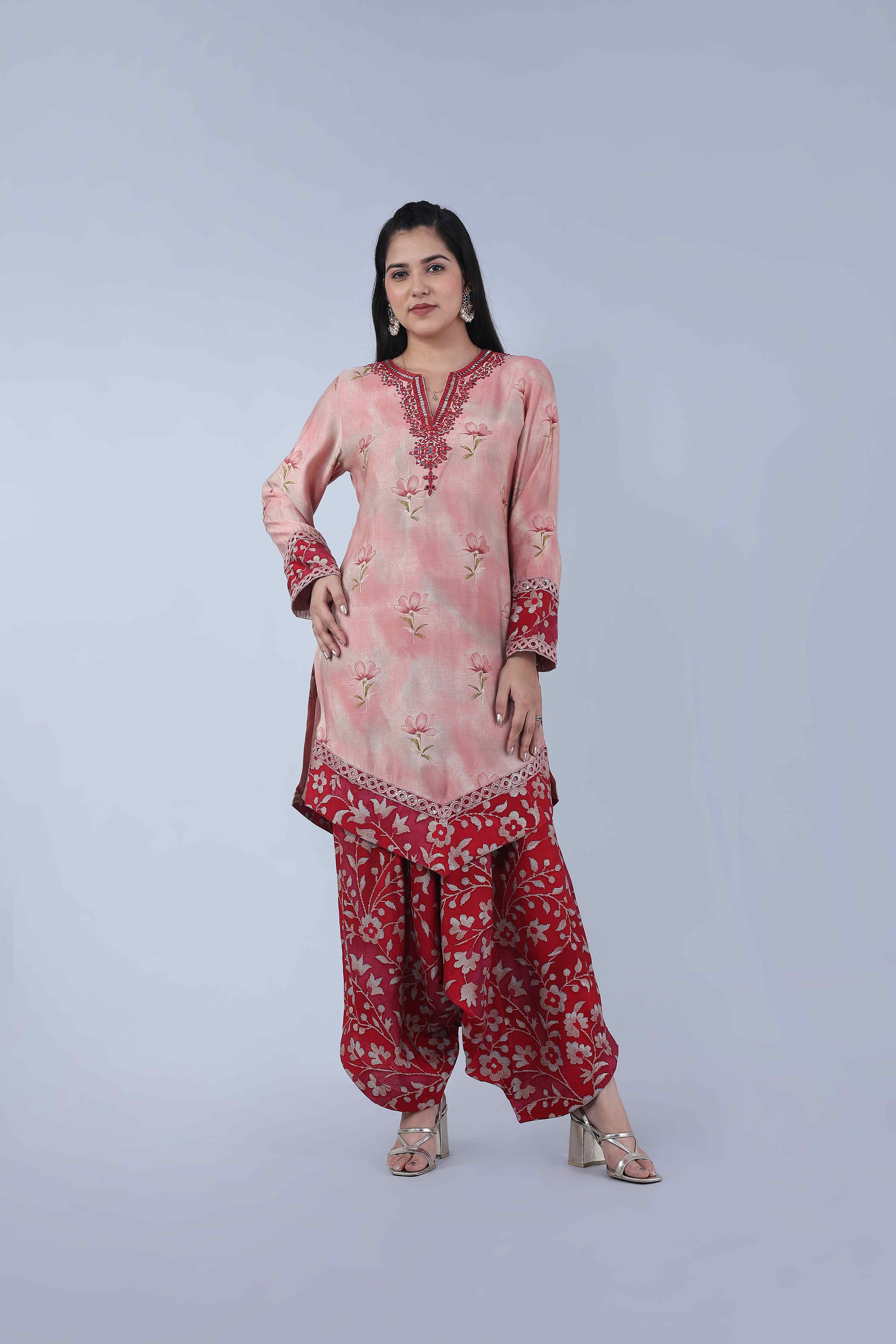 Blush Pink Printed Kurta with Printed Dhoti Salwar