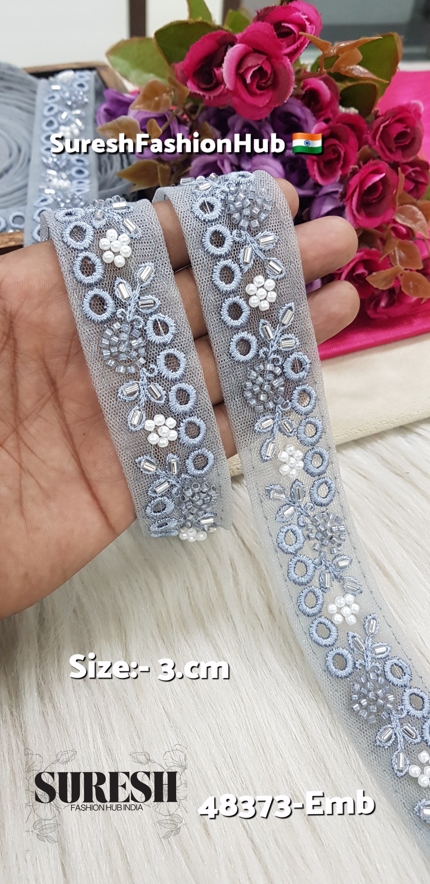 Grey Tone-to-Tone Machine Hand Embroidery Lace – 48373-EMB