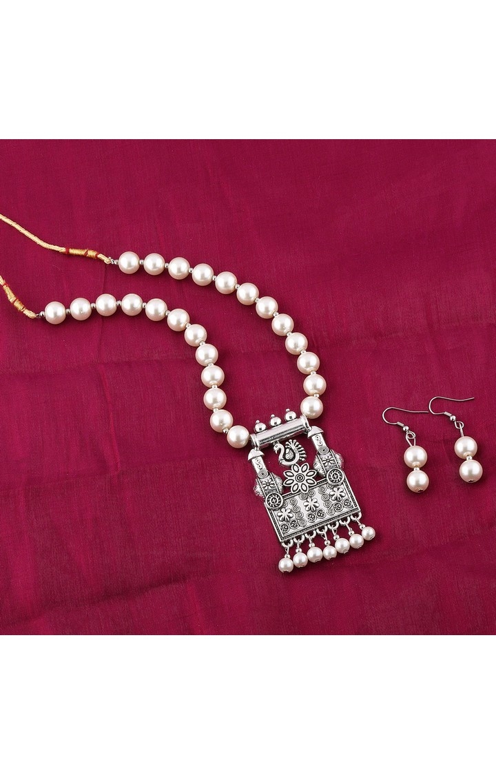 Paola Jewels | Paola Amazing Oxidised Pendant White Pearl Jewellery set for Women 0
