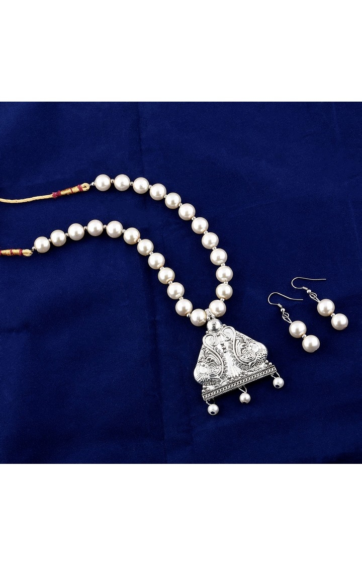 Paola Jewels | Paola Elegant Oxidised Pendant White Pearl Jewellery set for Women 0