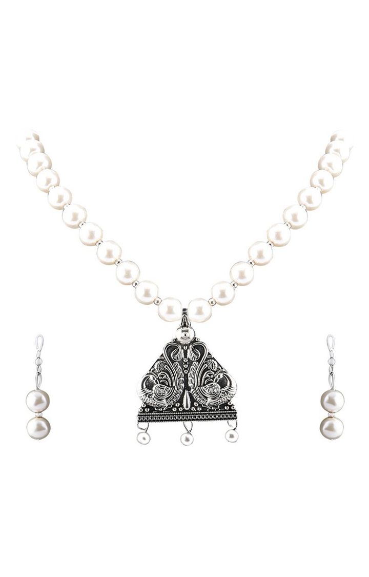 Paola Jewels | Paola Elegant Oxidised Pendant White Pearl Jewellery set for Women 1