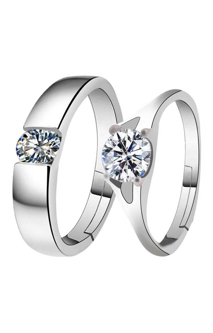 Paola Silver Plated Solitaire His and Her Adjustable proposal Diamond  couple ring For Men And Women Jewellery