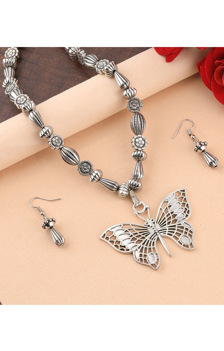Paola Silver Oxidised Designer Butterfly Pendant Fancy Mala for women girl Paola Jewels