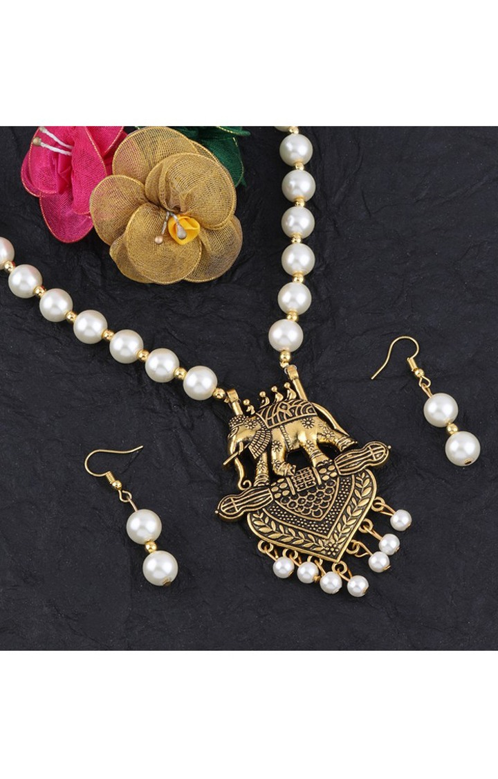 Paola Gold Plated Elephant Shape Pendant Pear Mala Set For Girl Women 