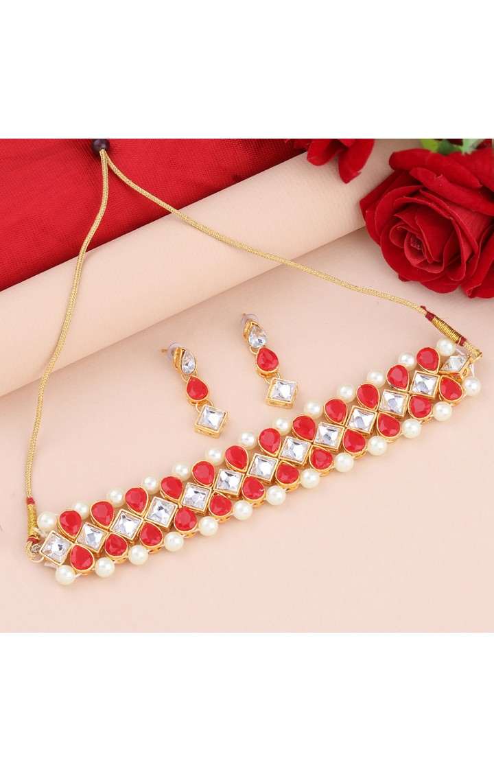 Paola Gold Plated Exclusive Red Stone Choker Set For Girls And Women