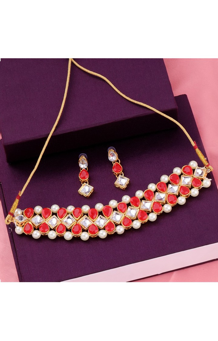Paola Gold Plated Exclusive Red Stone Choker Set For Girls And Women