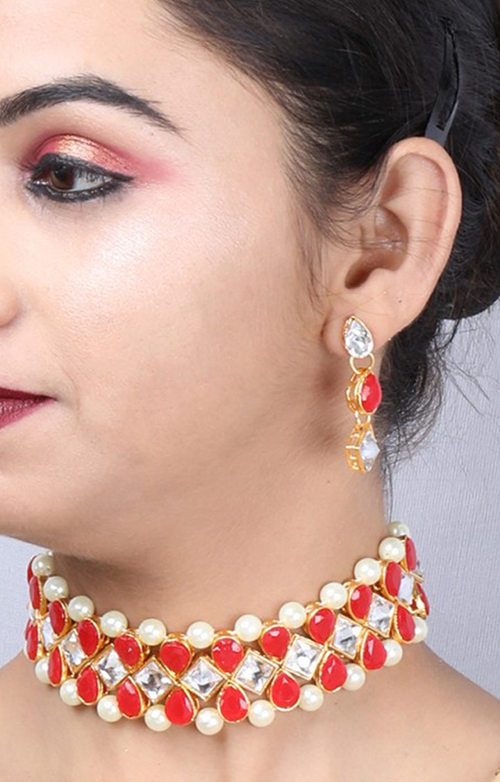 Paola Gold Plated Exclusive Red Stone Choker Set For Girls And Women