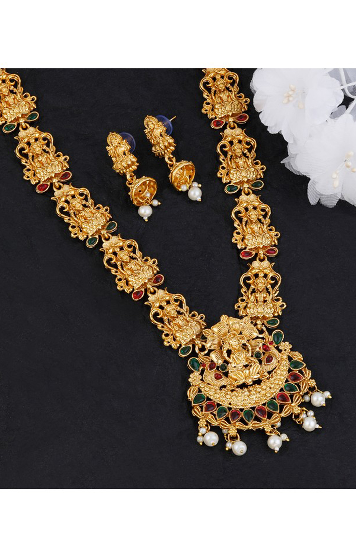 Paola Gold Plated Designer Lakshmi jewellery Set Traditional Long Haram Necklace Set For Women Girl 