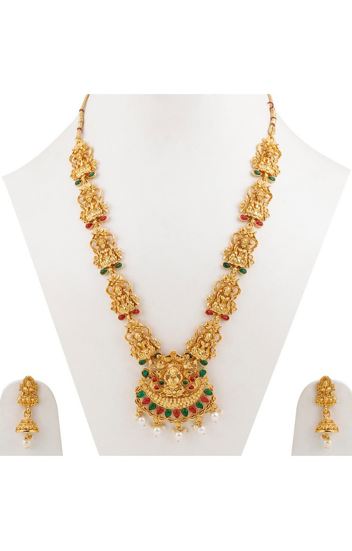 Paola Gold Plated Designer Lakshmi jewellery Set Traditional Long Haram Necklace Set For Women Girl 
