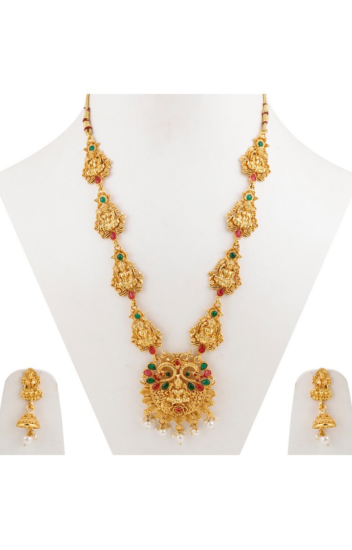 Paola Gold Plated Traditional Lakshmi Temple Long Necklace Set Jewellery For Women Girl 