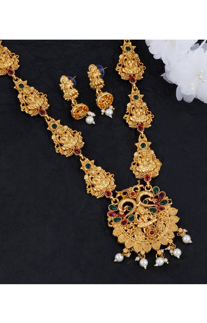 Paola Gold Plated Traditional Lakshmi Temple Long Necklace Set Jewellery For Women Girl 
