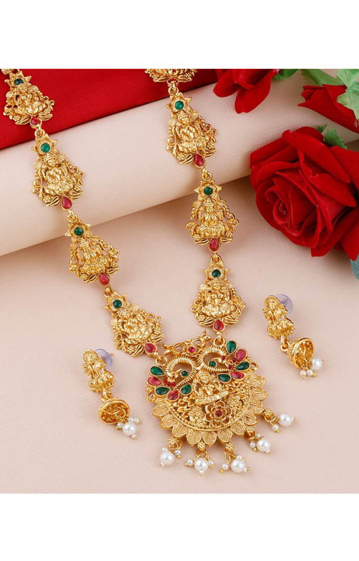 Paola Gold Plated Traditional Lakshmi Temple Long Necklace Set Jewellery For Women Girl 