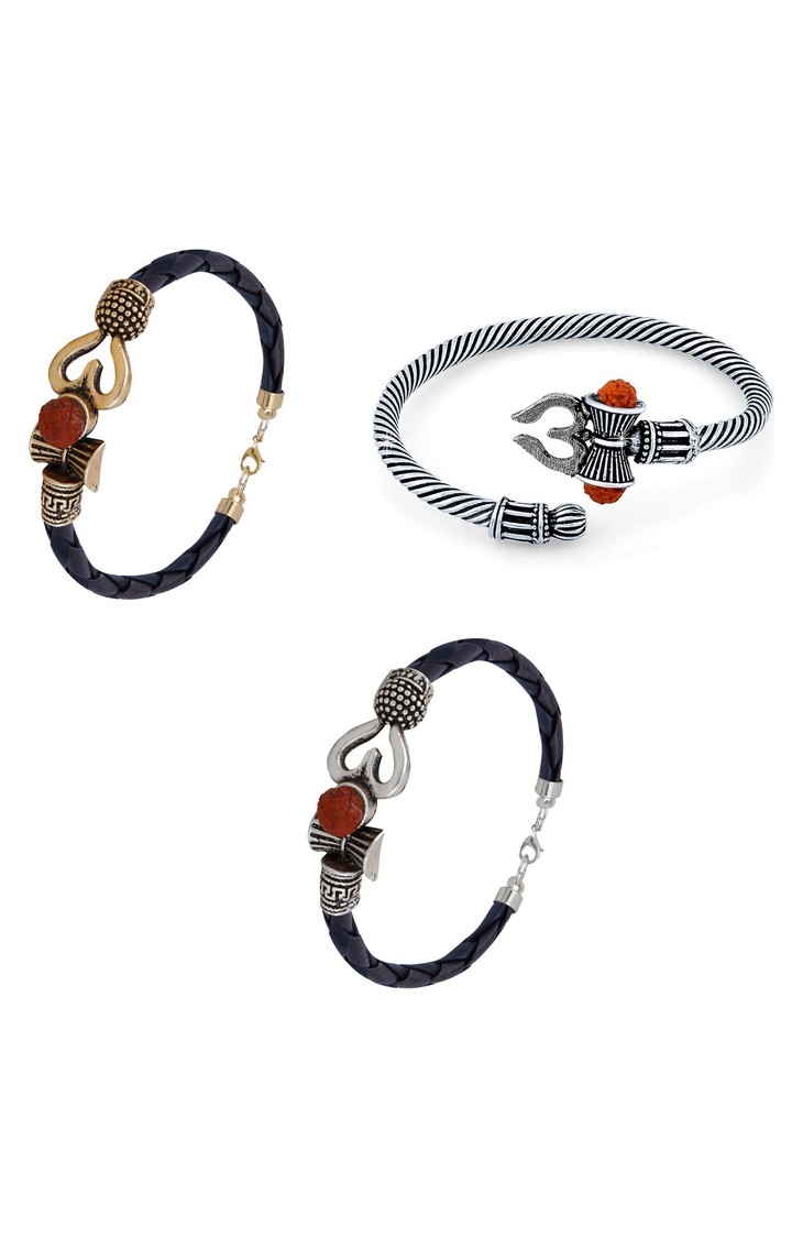 Paola Jewels | Paola Rudraksha OM Trishul Damroo Designer Oxidized Silver Bahubali Kada Bracelet Unisex Bracelets for Men & Women set 3 0