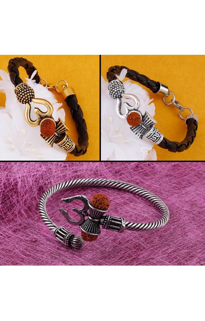 Paola Jewels | Paola Rudraksha OM Trishul Damroo Designer Oxidized Silver Bahubali Kada Bracelet Unisex Bracelets for Men & Women set 3 1