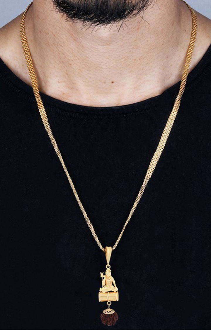 Paola Gold Plated Designer Look Necklace Shiv Ji Trishul Pendant Chain Jewellery For Man And Boy 