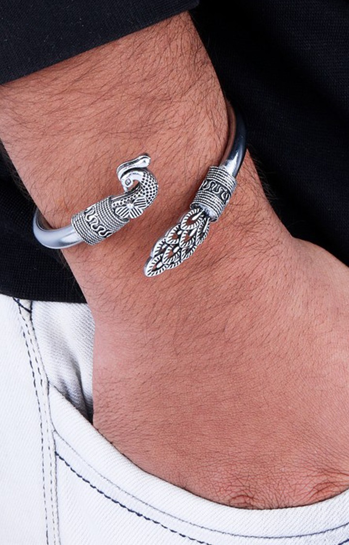 Paola Silver Adjustable "Peacock" Designer Kada For Mens Boys 