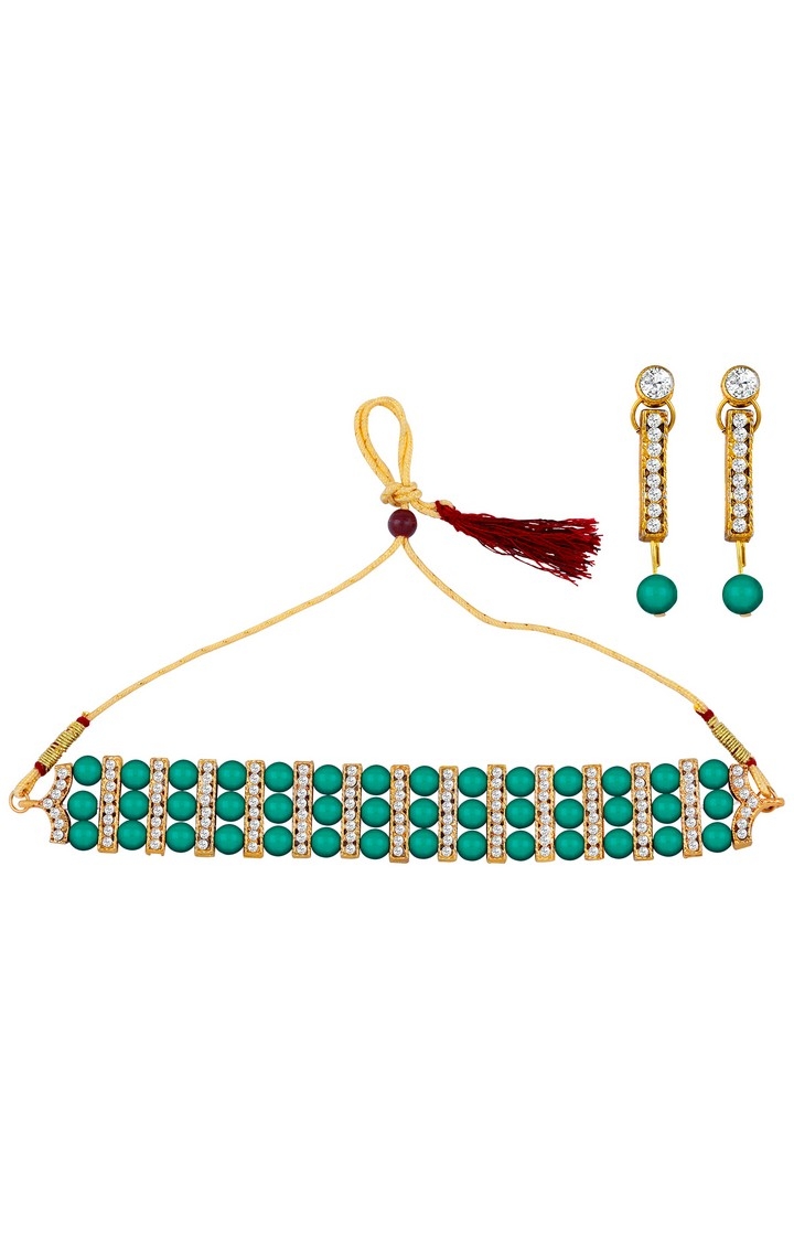 Paola Jewels | Paola Gold Plated Traditional Adjustable Green Pearl Choker Set Jewellery For Women Girls  1