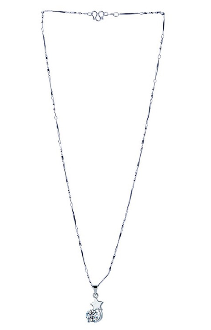 Silver Plated chain With Star & Moon Shape Solitaire Diamond Pendant For Women