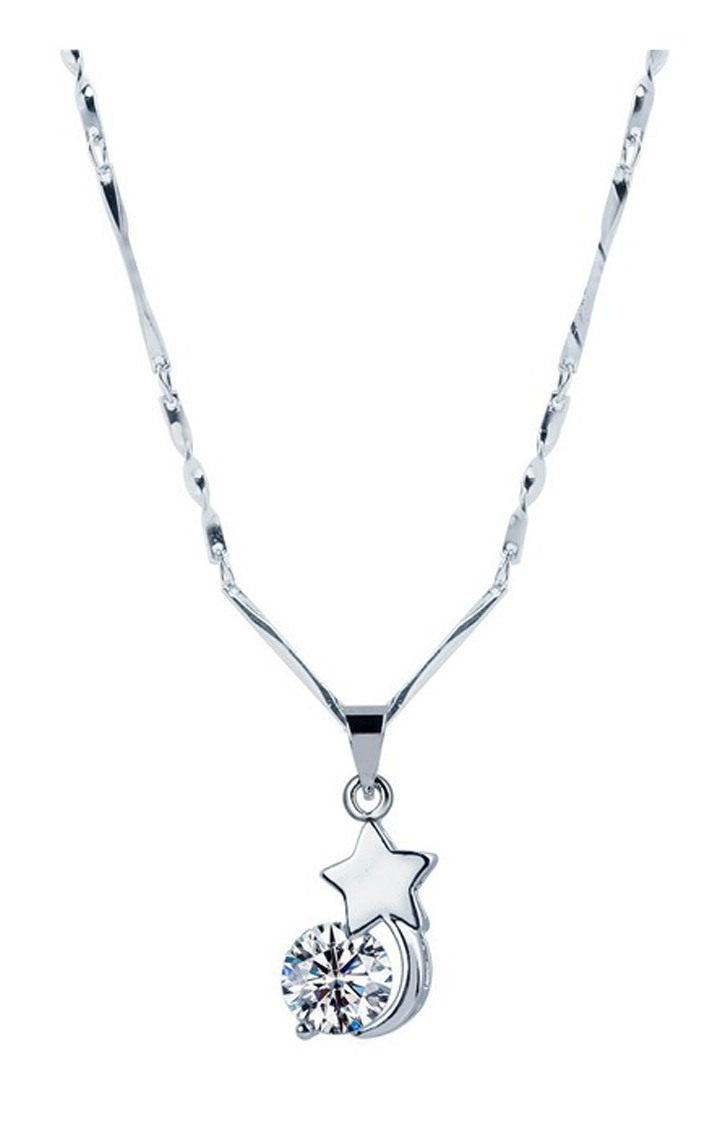 Silver Plated chain With Star & Moon Shape Solitaire Diamond Pendant For Women
