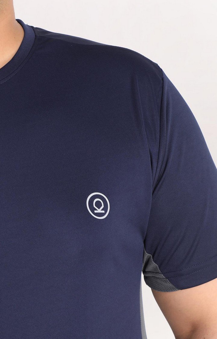 Men's Navy Blue Solid Polyester Activewear T-Shirt