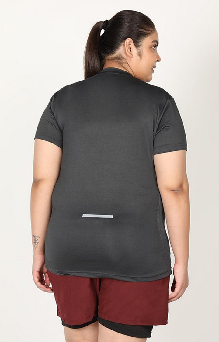 Women's Dark Grey Solid Polyester Activewear T-Shirt