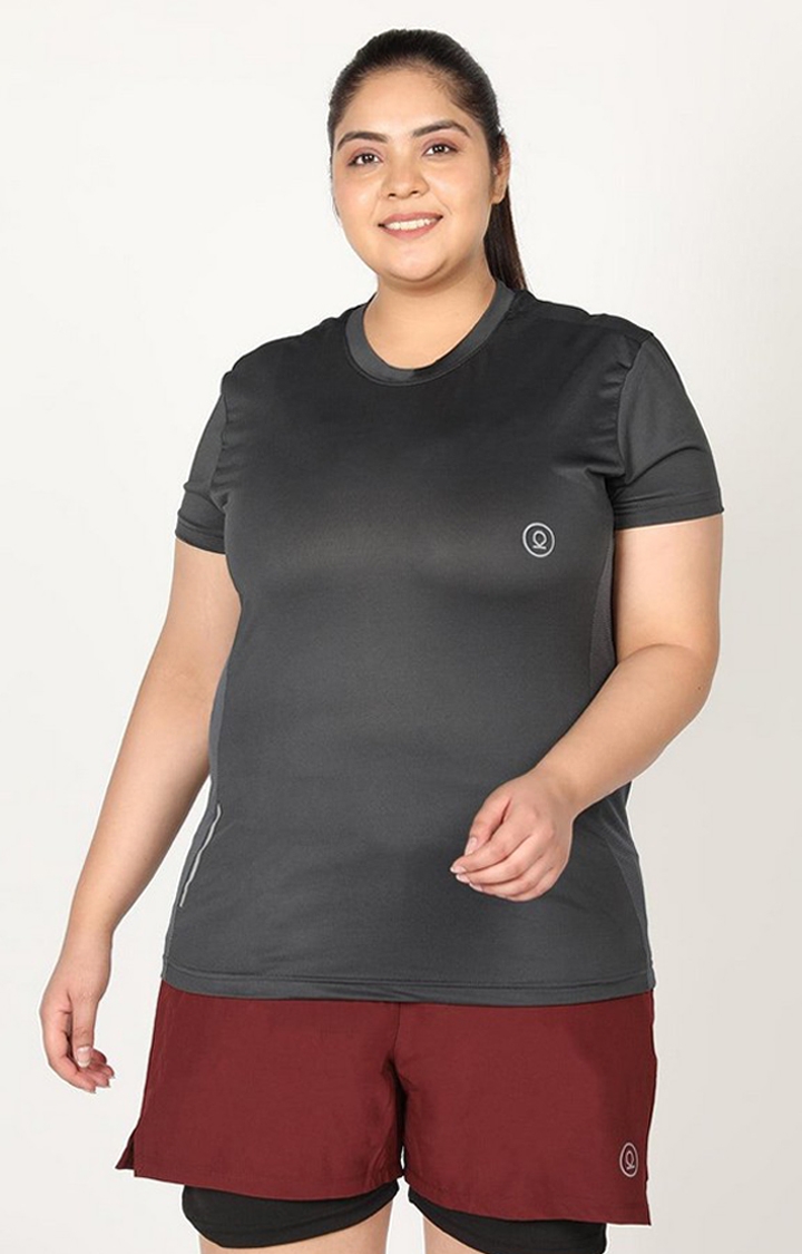 CHKOKKO | Women's Dark Grey Solid Polyester Activewear T-Shirt