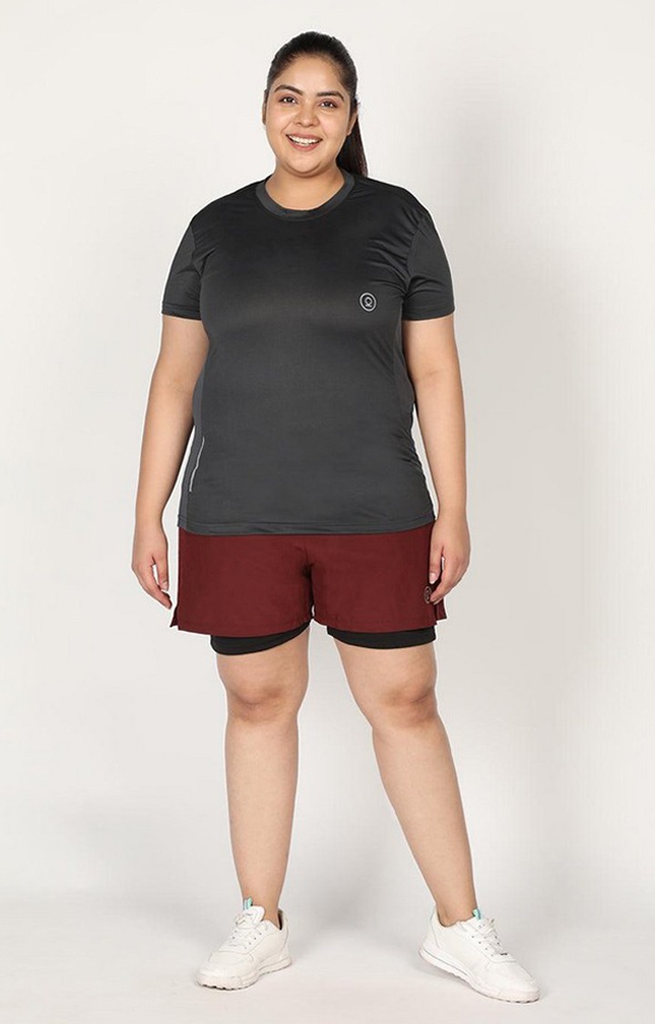 Women's Dark Grey Solid Polyester Activewear T-Shirt