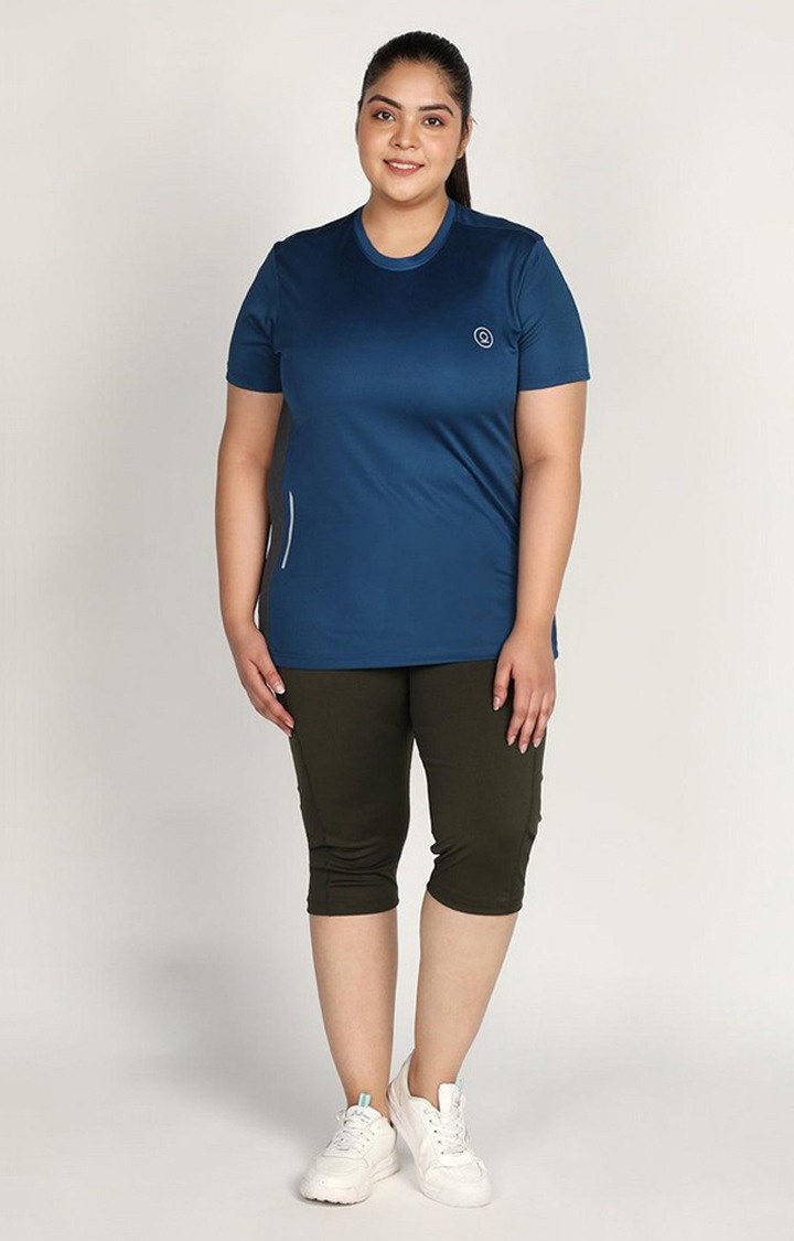 Women's Blue Solid Polyester Activewear T-Shirt