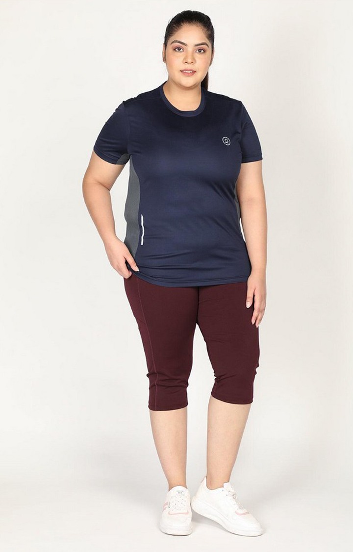 Women's Navy Blue Solid Polyester Activewear T-Shirt