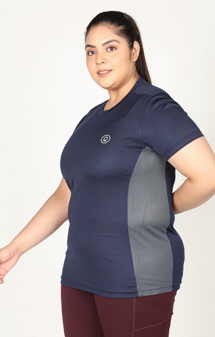 Women's Navy Blue Solid Polyester Activewear T-Shirt