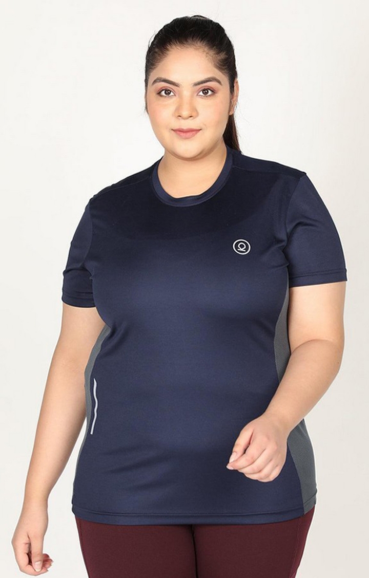 Women's Navy Blue Solid Polyester Activewear T-Shirt