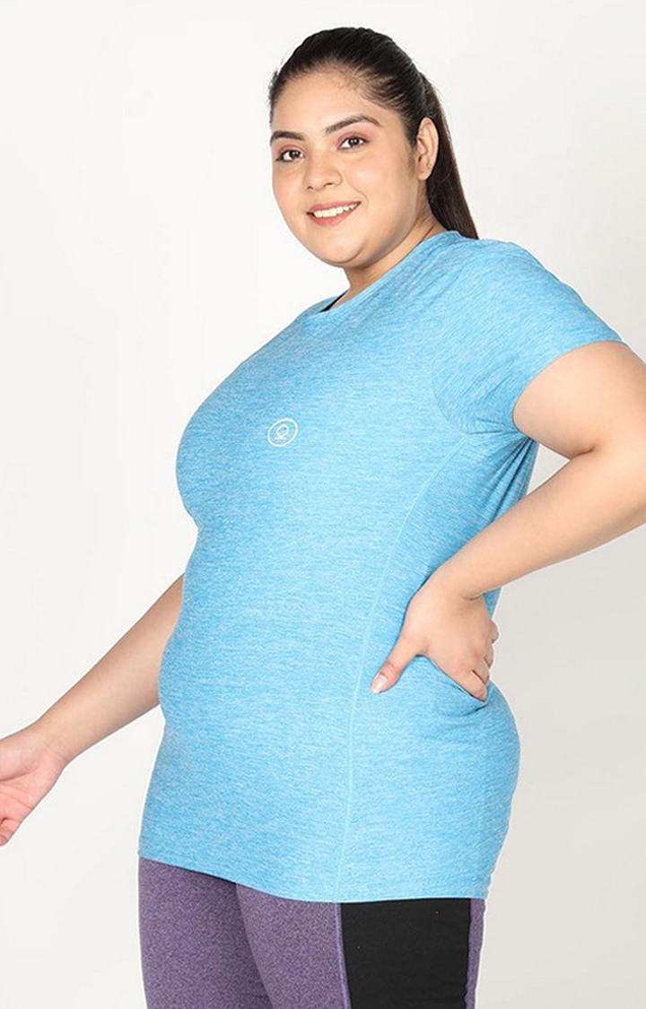 Women's Blue Melange Textured Polyester Activewear T-Shirt