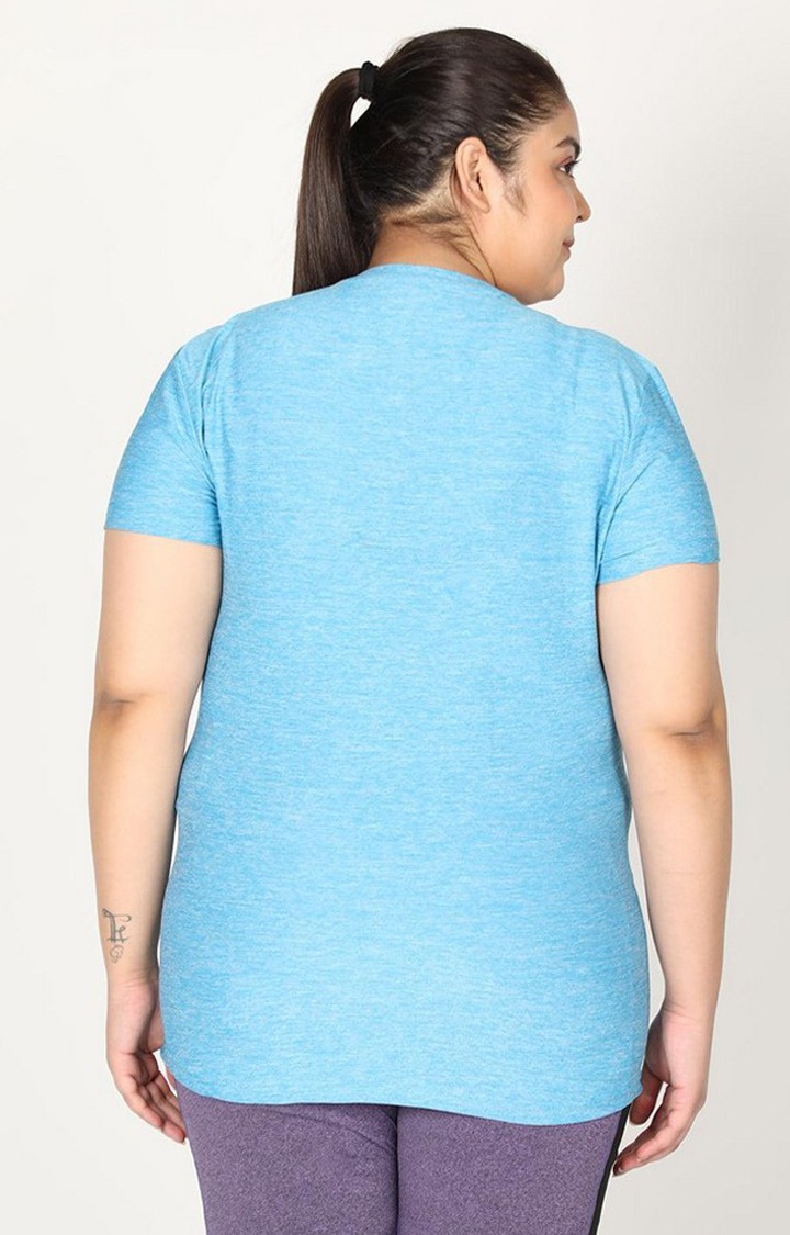 Women's Blue Melange Textured Polyester Activewear T-Shirt