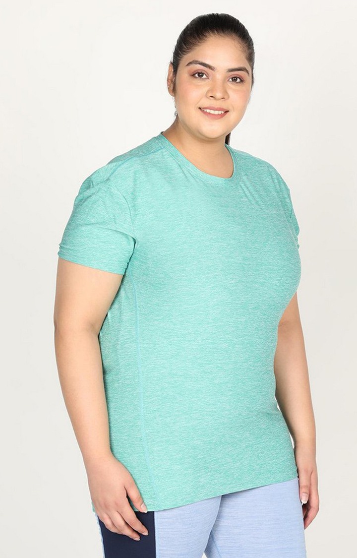 Women's Green Melange Textured Polyester Activewear T-Shirt