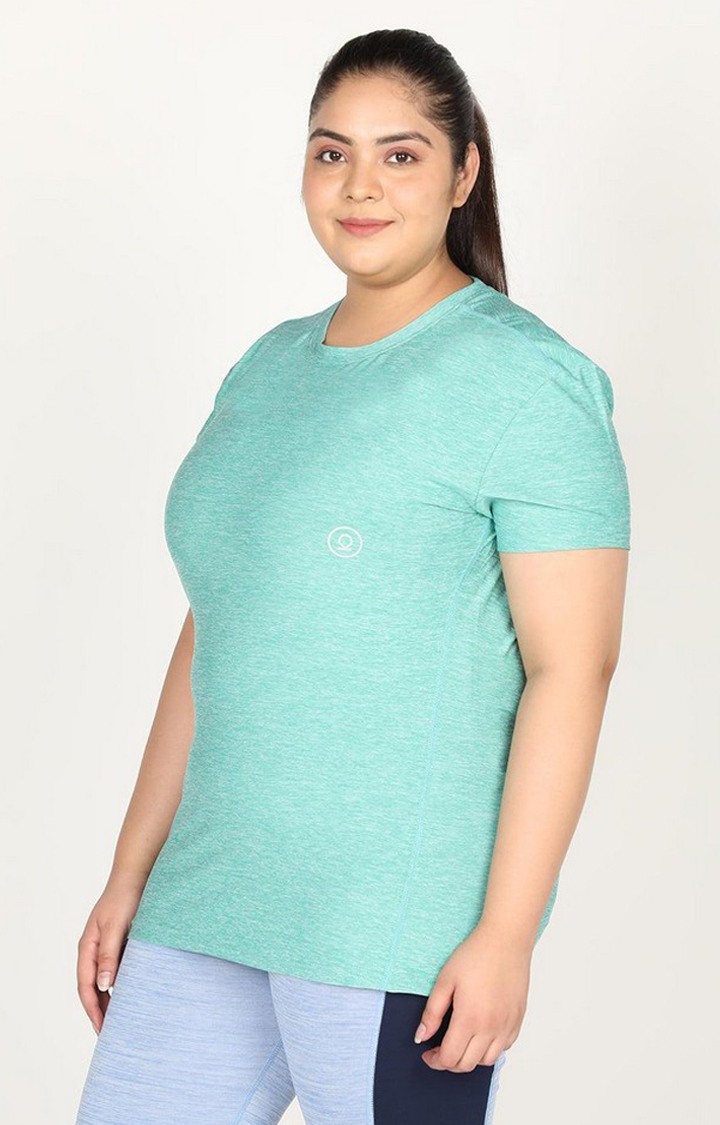 Women's Green Melange Textured Polyester Activewear T-Shirt