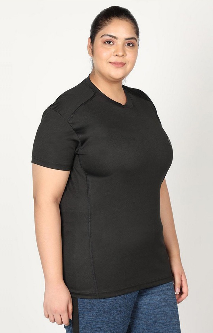 Women's Black Solid Polyester Activewear T-Shirt