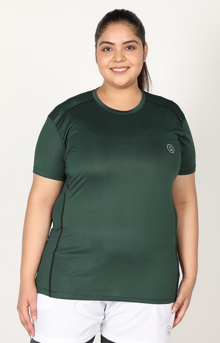 Women's Bottle Green Solid Polyester Activewear T-Shirt