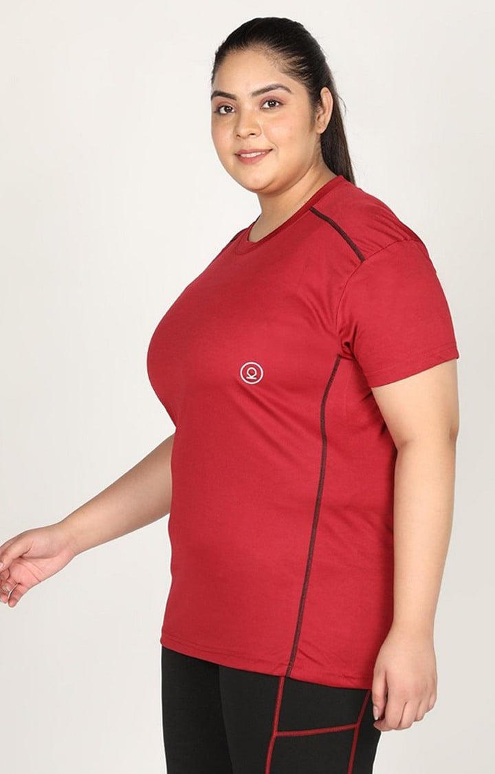 Women's Red Solid Polyester Activewear T-Shirt