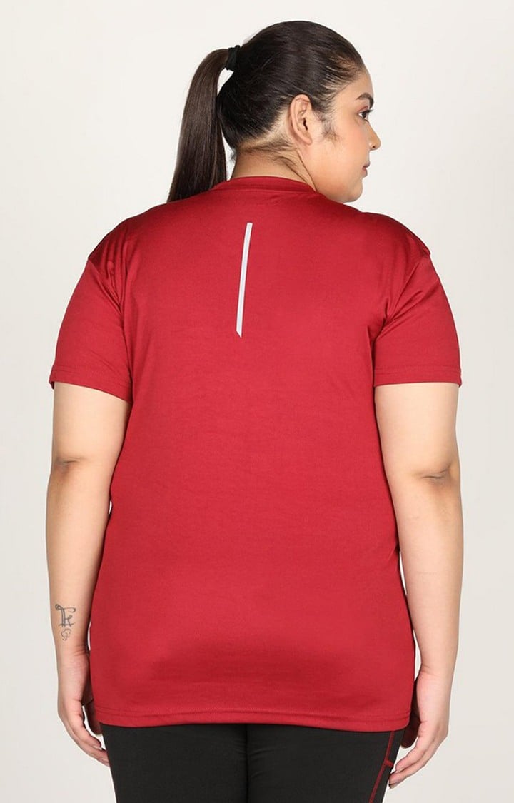 Women's Red Solid Polyester Activewear T-Shirt