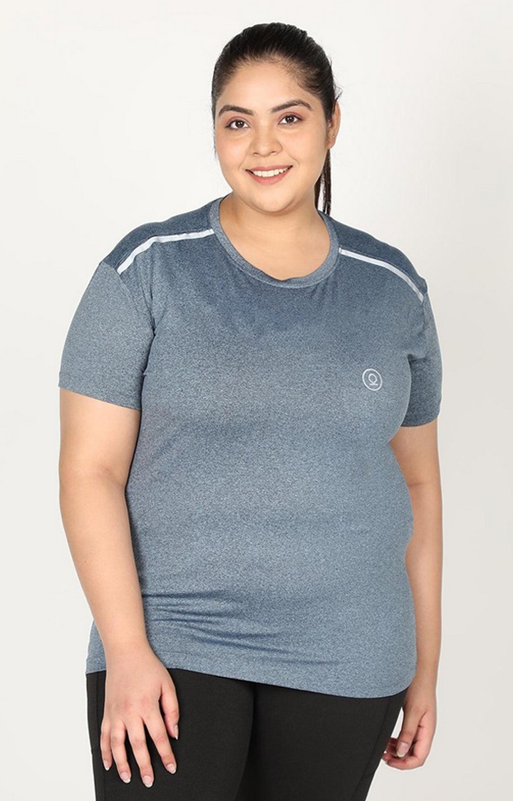 Women's Blue  Melange Textured Polyester Activewear T-Shirt