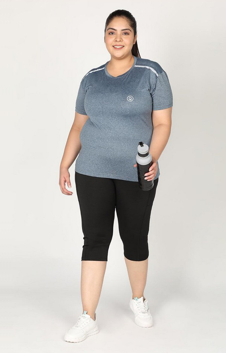 Women's Blue  Melange Textured Polyester Activewear T-Shirt