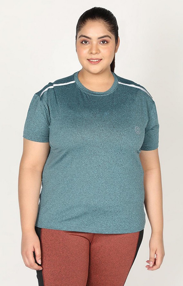 Women's Green Melange Textured Polyester Activewear T-Shirt