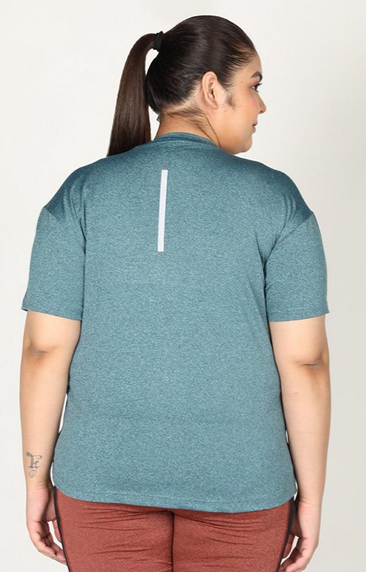 Women's Green Melange Textured Polyester Activewear T-Shirt