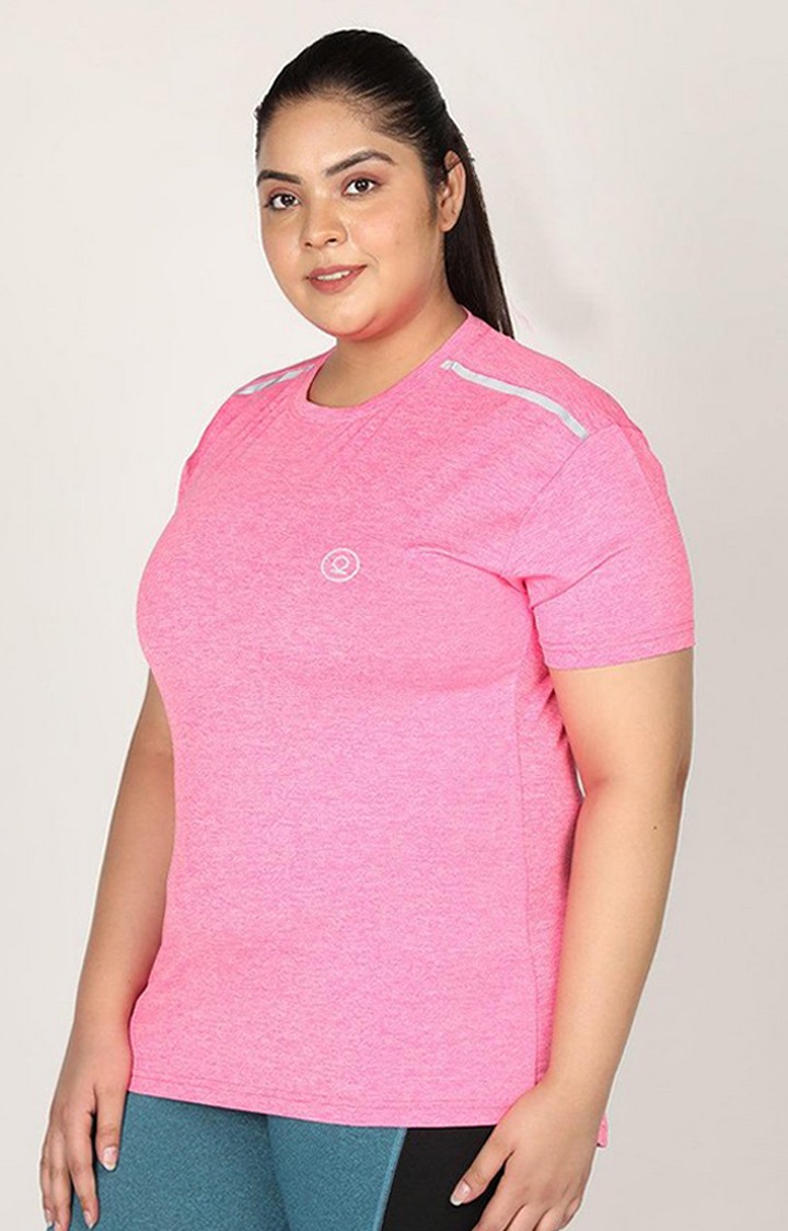 Women's Pink Melange Textured Polyester Activewear T-Shirt