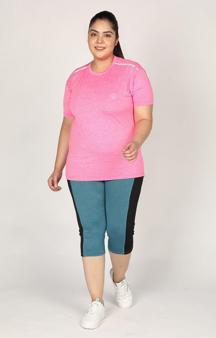 Women's Pink Melange Textured Polyester Activewear T-Shirt