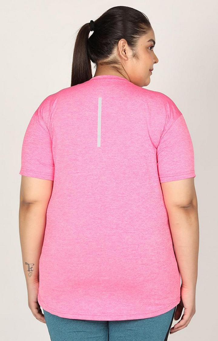 Women's Pink Melange Textured Polyester Activewear T-Shirt