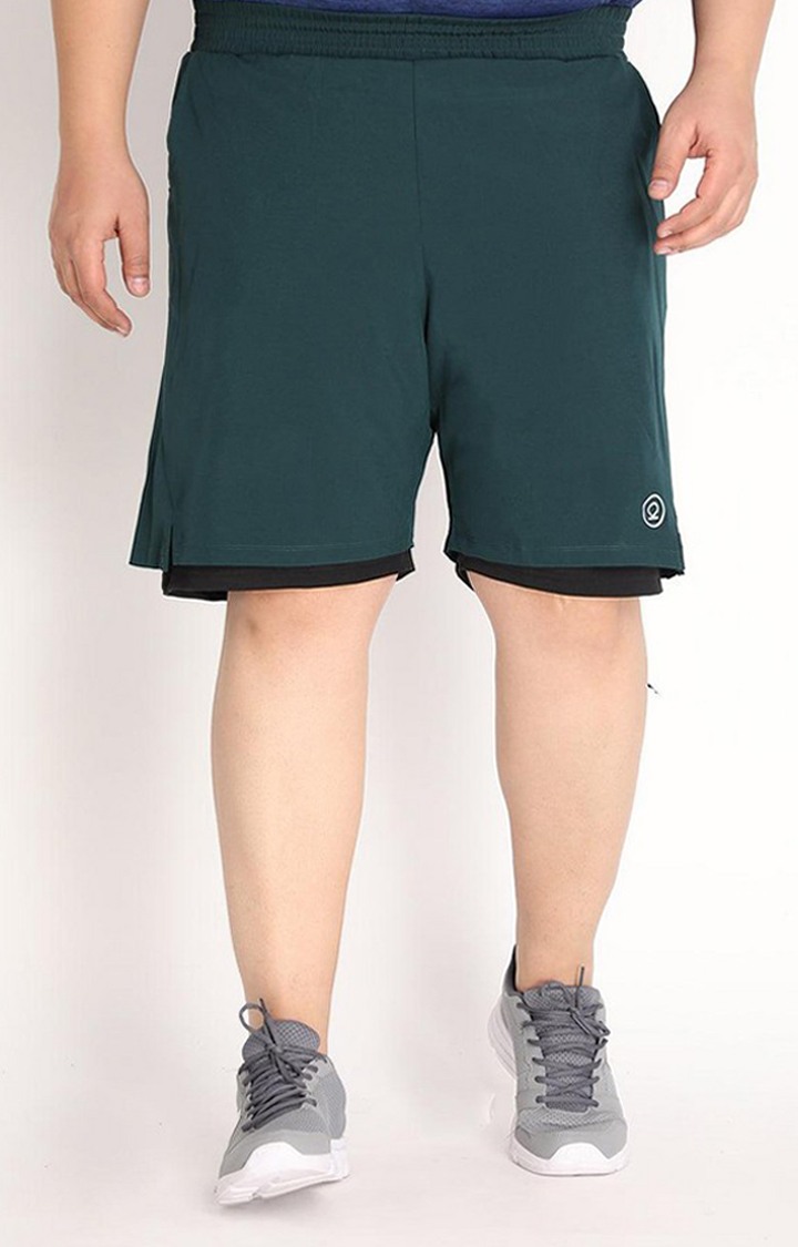 Men's Bottle Green & Black Solid Polyester Activewear Shorts