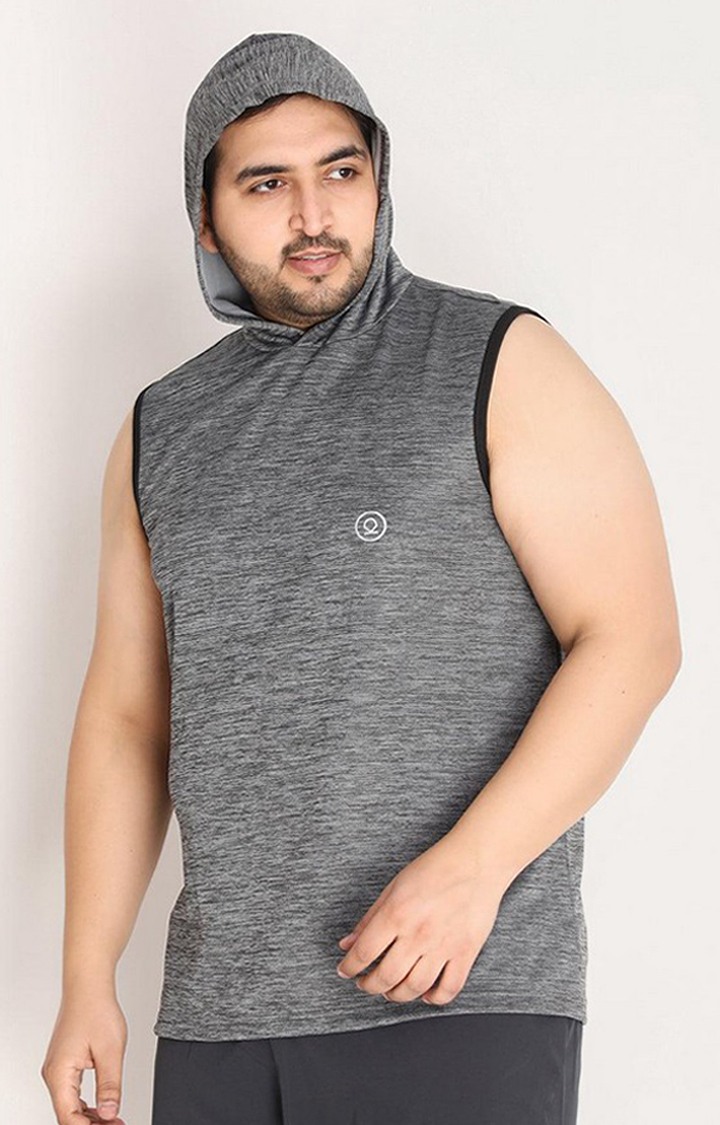 Men's Grey Melange Textured Polyester Hoodie