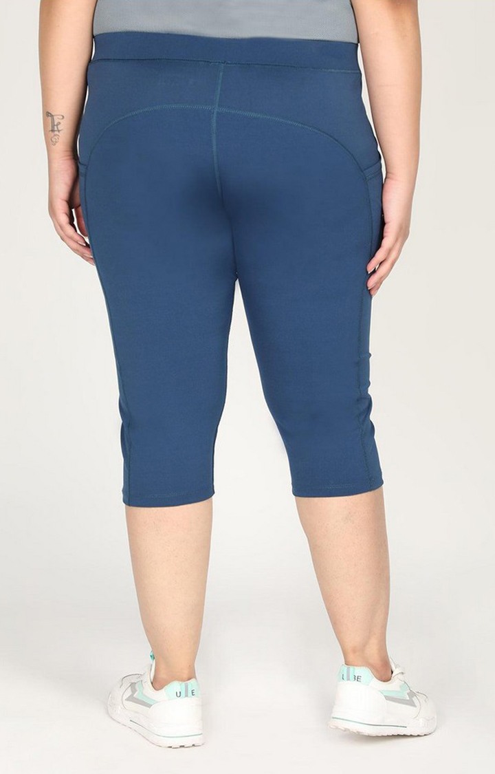 Women's Blue Solid Polyester Capris