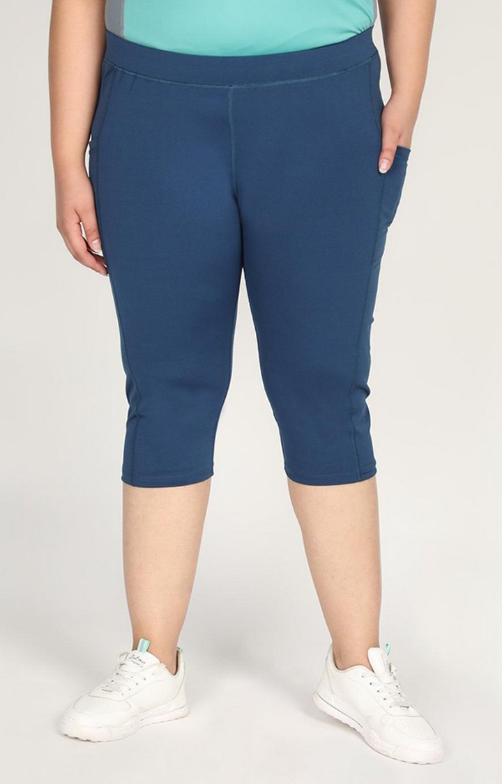 Women's Blue Solid Polyester Capris